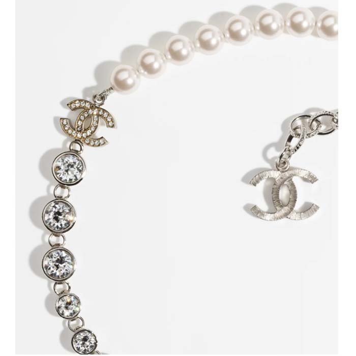 Chanel Women CC Necklace Metal Glass Pearls Strass Silver Pearly White Crystal