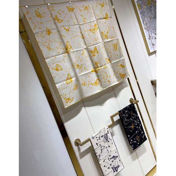 Dior Women CD Butterfly Zodiac 70 Square Scarf Ivory Gold-Tone Silk Twill