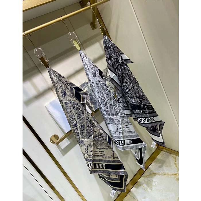 Dior Women CD Plan De Paris 90 Square Scarf Black White Silk Twill