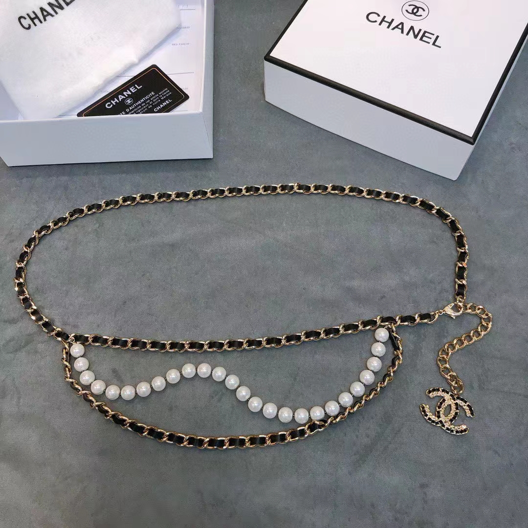 Chanel Women CC Chain Belt Lambskin Glass Pearls Gold-Tone Metal Strass Black