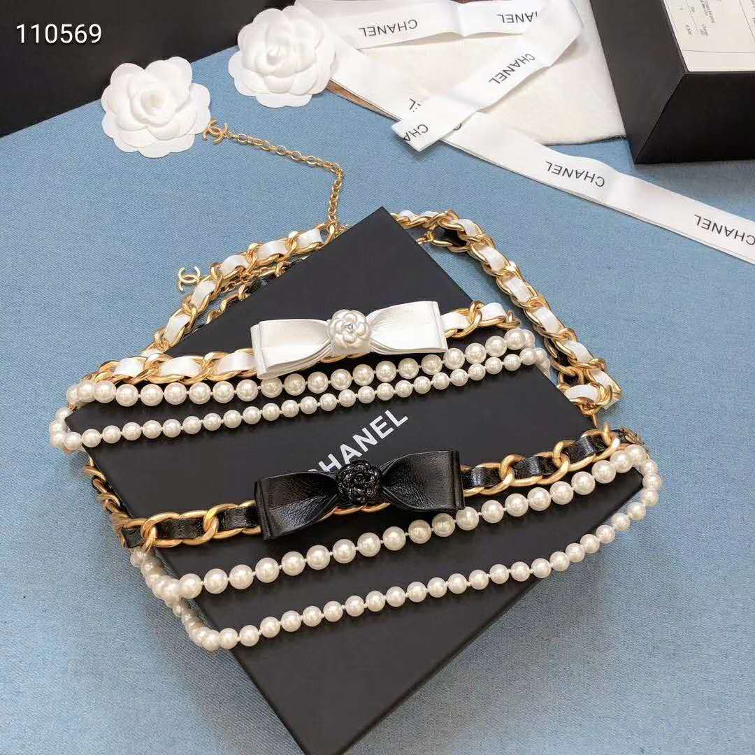 Chanel Women Metal Glass Pearls & Calfskin Gold Pearly White & Black Belt