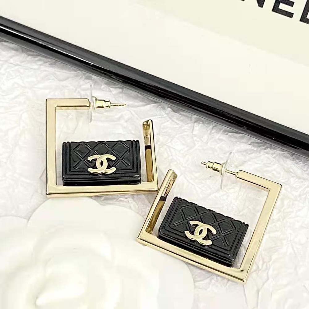 Chanel Women Hoop Earrings in Metal and Resin-Black