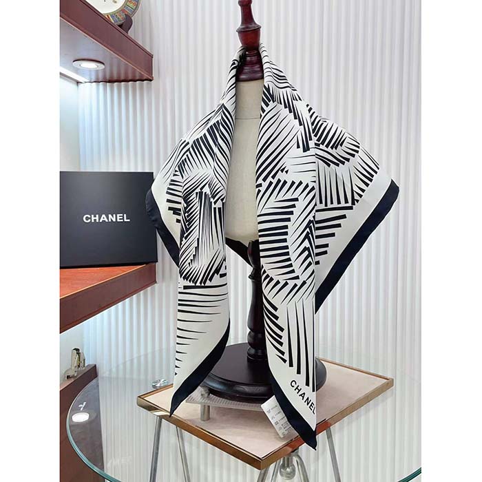 Chanel CC Women Square Scarf Silk Twill White Black