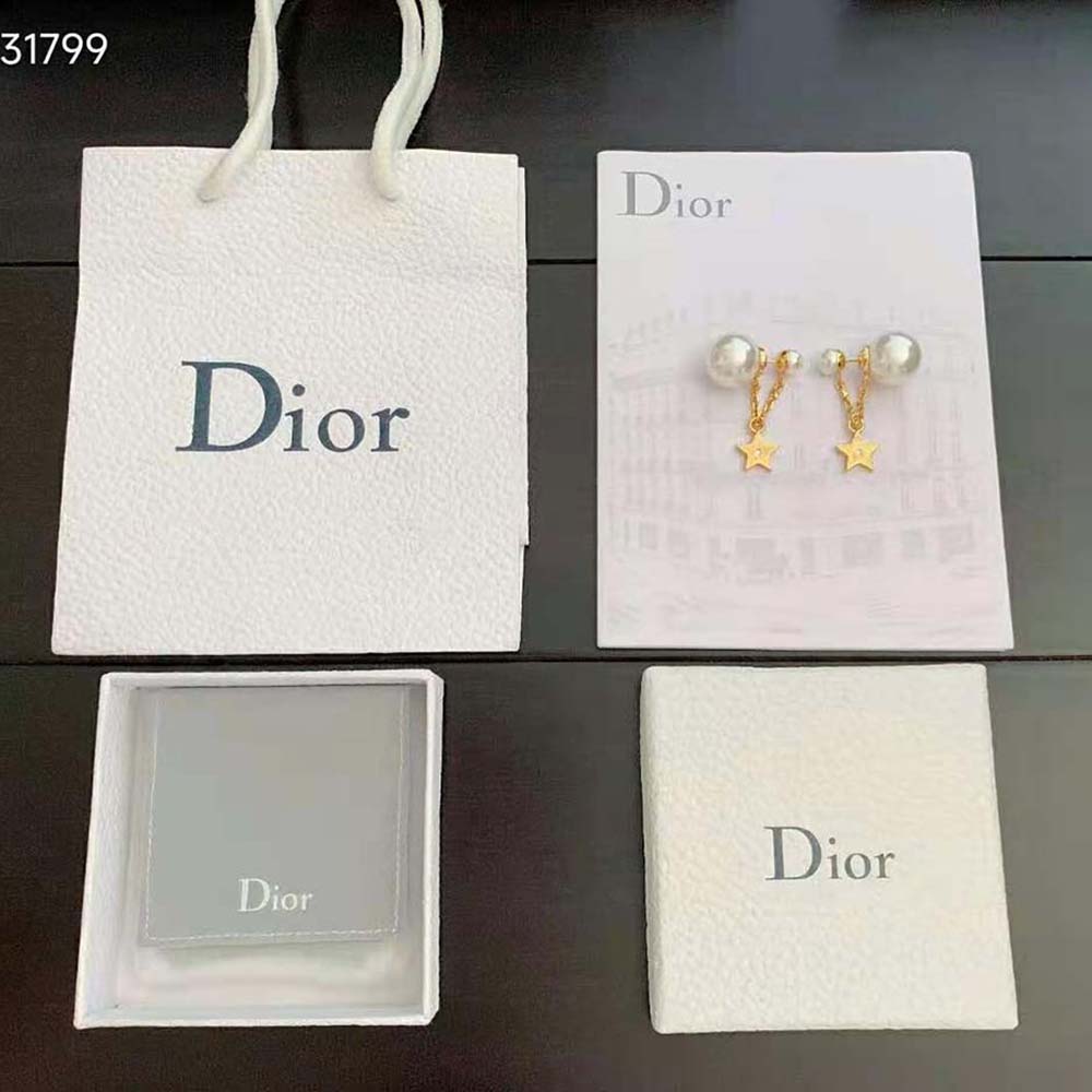 Dior Women Tribales Earrings Gold-Finish Metal with White Resin Pearls and White Crystals