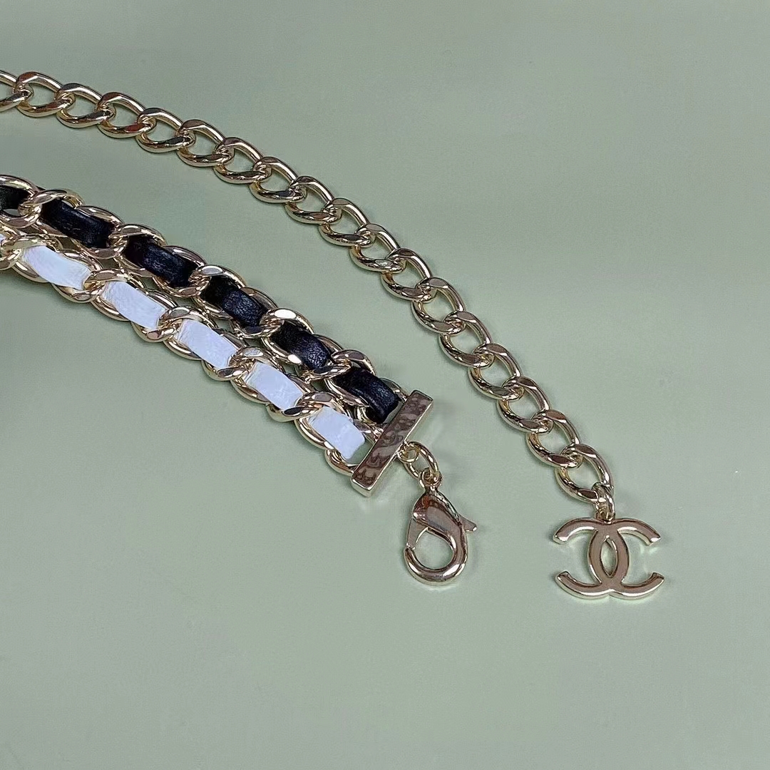 Chanel Women CC Belt Gold Tone Metal Black White Calfskin Lambskin Leather