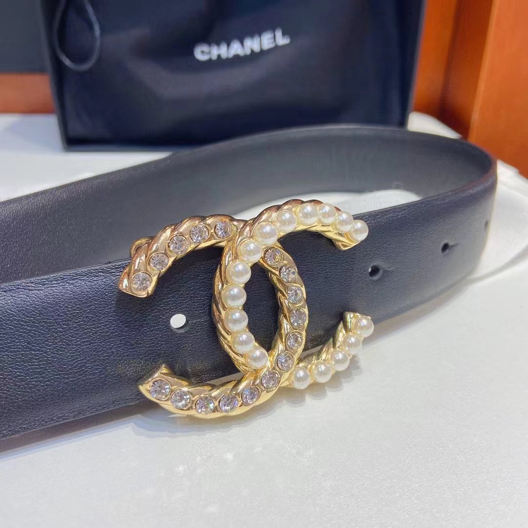 Chanel Women CC Belt Calfskin Gold-Tone Metal Resin Strass Black
