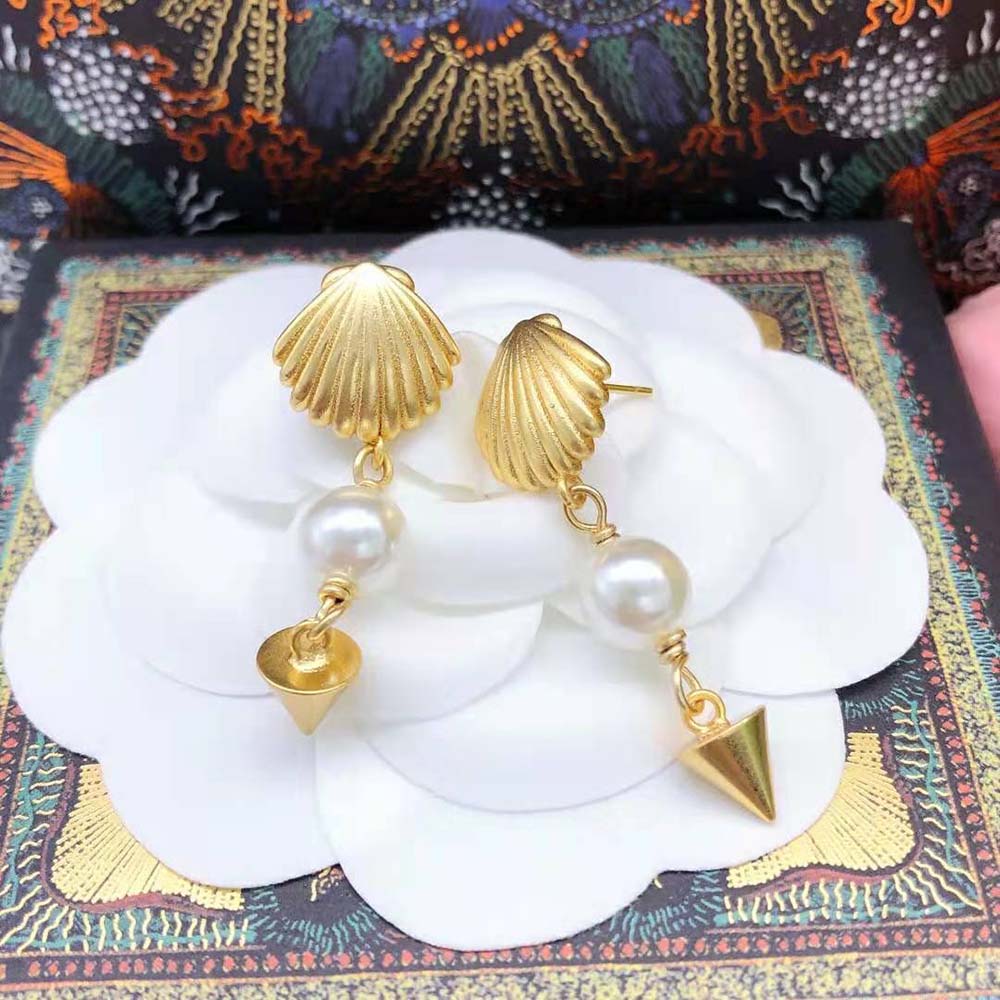 Dior Women Sea Garden Earrings Gold-Finish Metal and White Resin Pearls