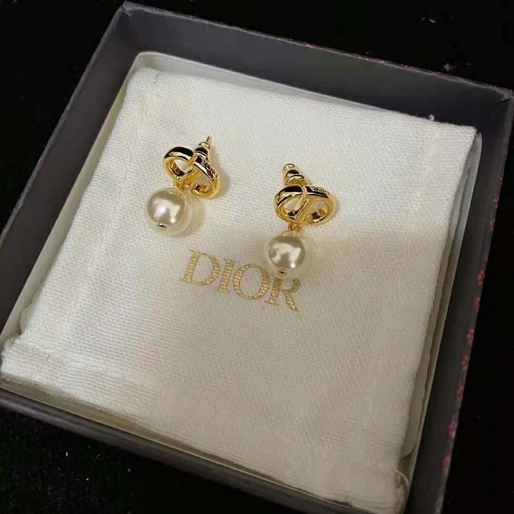 Dior Women Petit CD Earrings Gold-Finish Metal and White Resin Pearls