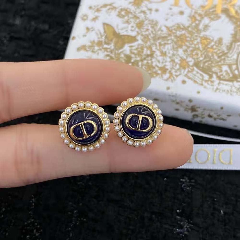 Dior Women Petit CD Studs Earrings Gold-Finish Metal and White Resin Pearls with Black Glass