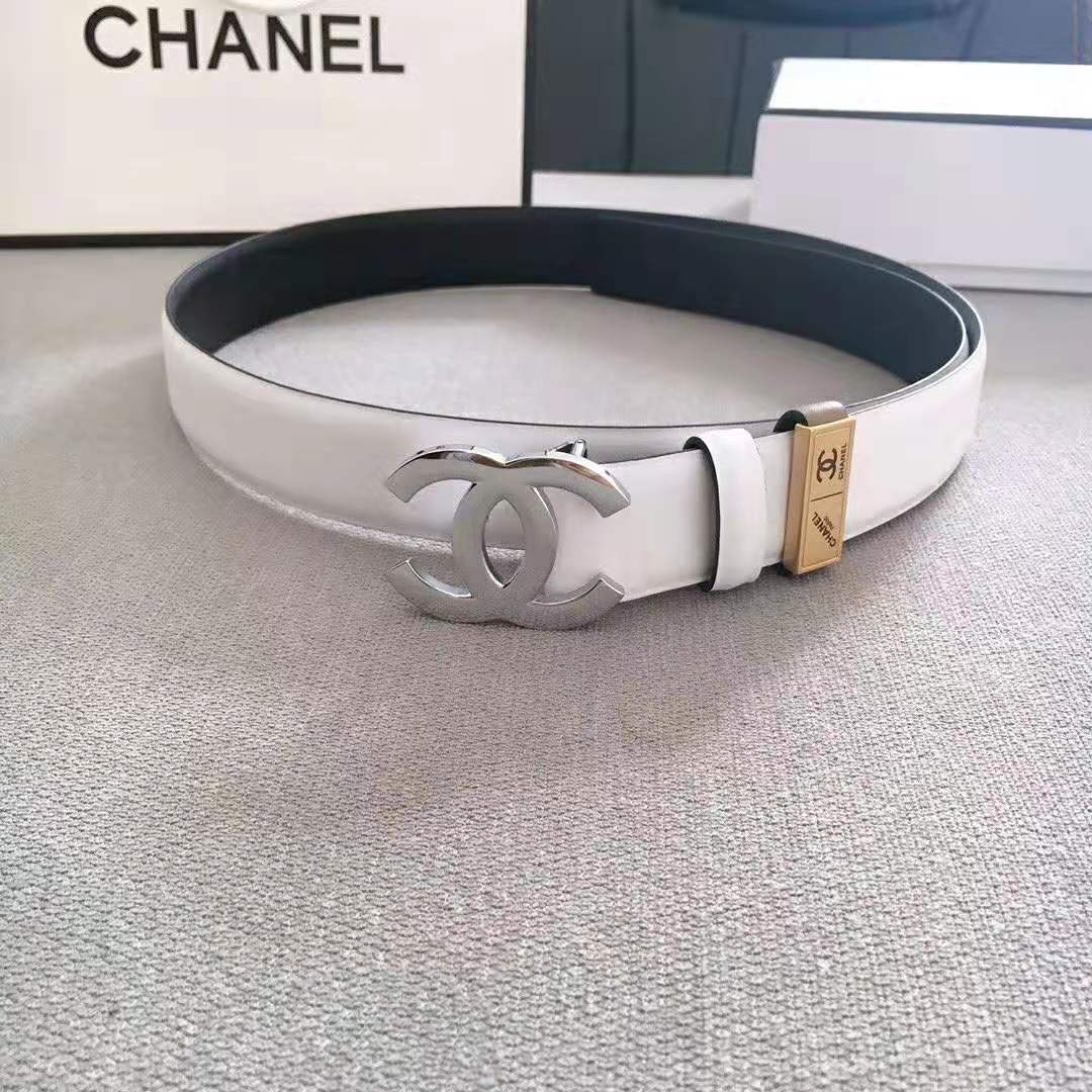 Chanel Women Lambskin & White-Tone Metal Belt-White