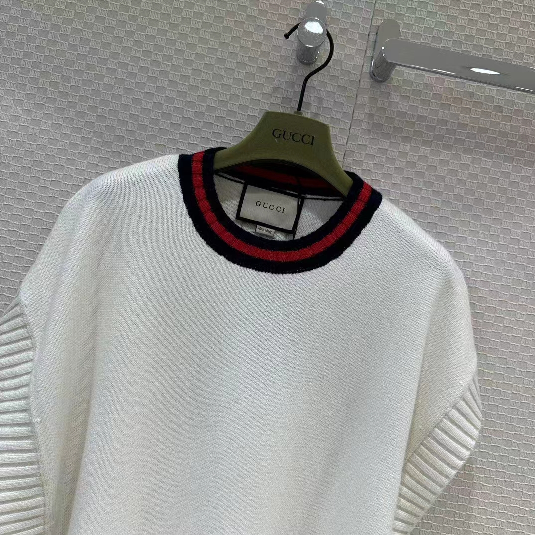 Gucci Women GG Wool Sweater Interlocking G Crewneck Web Stripe Wide Armhole Sleeveless