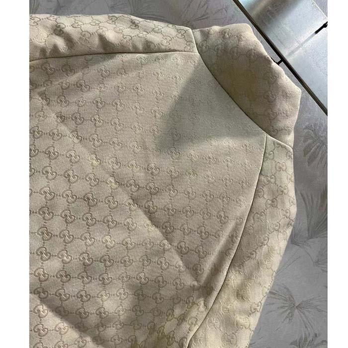 Gucci Women GG Canvas Bomber Jacket Cream Self-Covered Buttons Interlocking G Lined High Neck