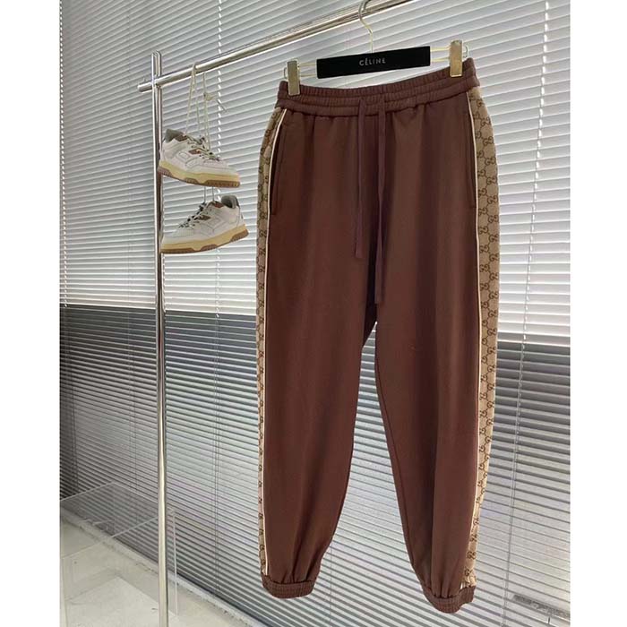 Gucci Men Cotton Jersey Sweatpants Brown Light GG Canvas Elastic Cuffs Relaxed Fit
