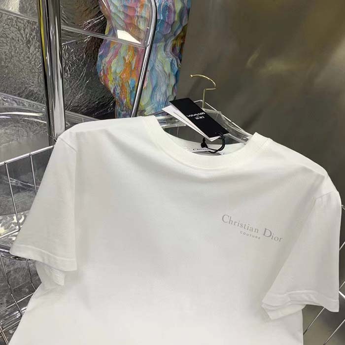 Dior Women CD Christian Dior Couture Relaxed Fit T-Shirt White Ribbed Crew Neck Organic Cotton