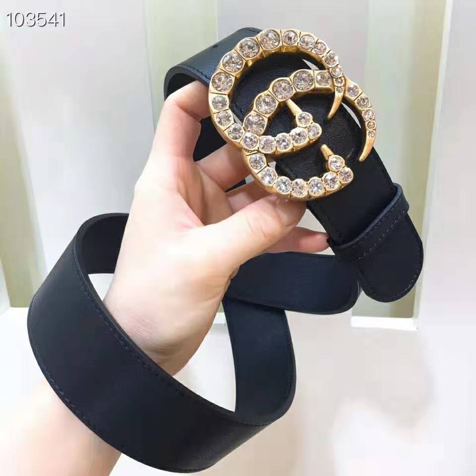Gucci Unisex Leather Belt with Crystal Double G Buckle-Black
