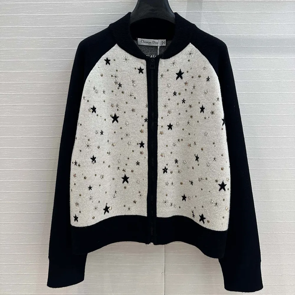Dior Men Bomber Jacket Black and White Cashmere-Blend Knit with Multicolor Dior Astral Motif