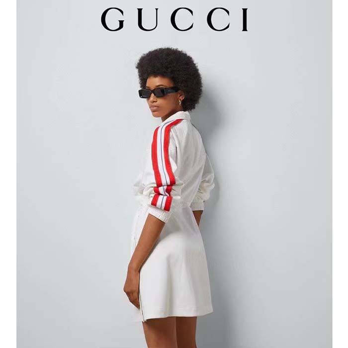Gucci Women GG Technical Jersey Dress Web High Neck Dropped Shoulder Elastic Cuffs Drawstring Waist