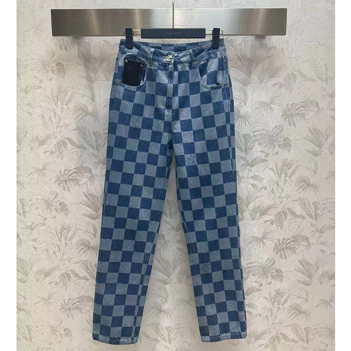 Louis Vuitton Women LV Damier Jeans Skirt Cotton Blue Regular Fit 1AFGNR