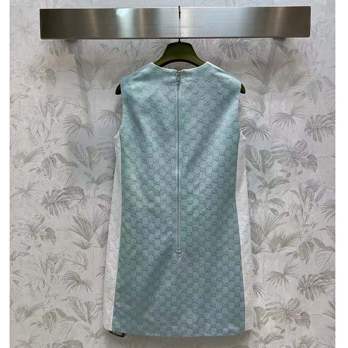 Gucci Women Reversible GG Canvas Dress Pale Blue Unlined Crewneck Sleeveless Two Front Pockets