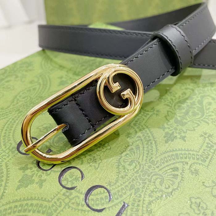 Gucci GG Unisex Thin Belt Mini Round Interlocking G Black Leather 1.5 CM Width