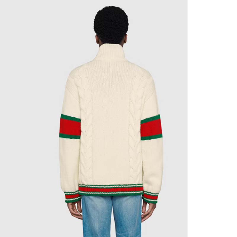 Gucci Men GG Cable Knit Bomber Jacket Off-White Cable Knit Wool