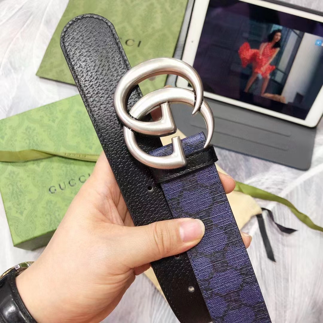 Gucci Unisex GG Marmont Reversible Belt Dark Blue Supreme Canvas Double G Buckle