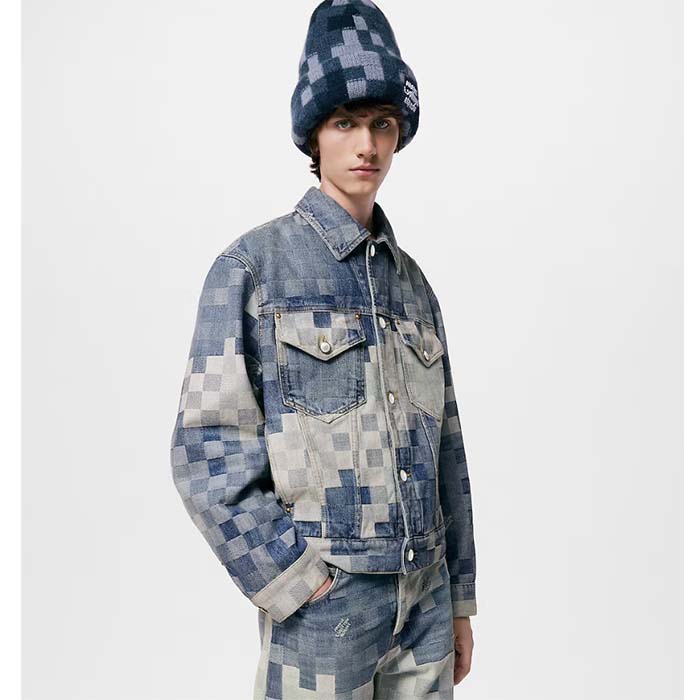 Louis Vuitton Men LV Runaway Damier Classic Denim Jacket Regular Fit Allover Damoflage Jacquard