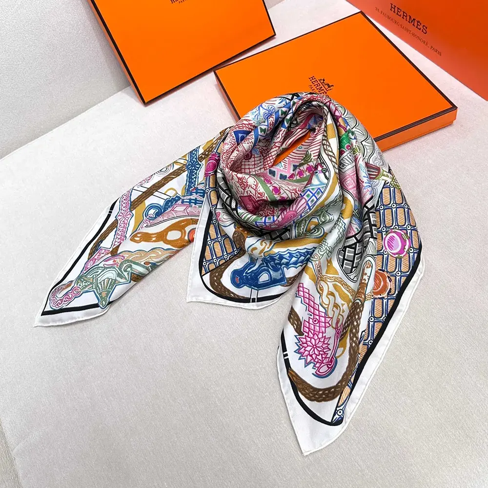 Hermes Women Super Silk Quest Detail Scarf 90 Blue Twill