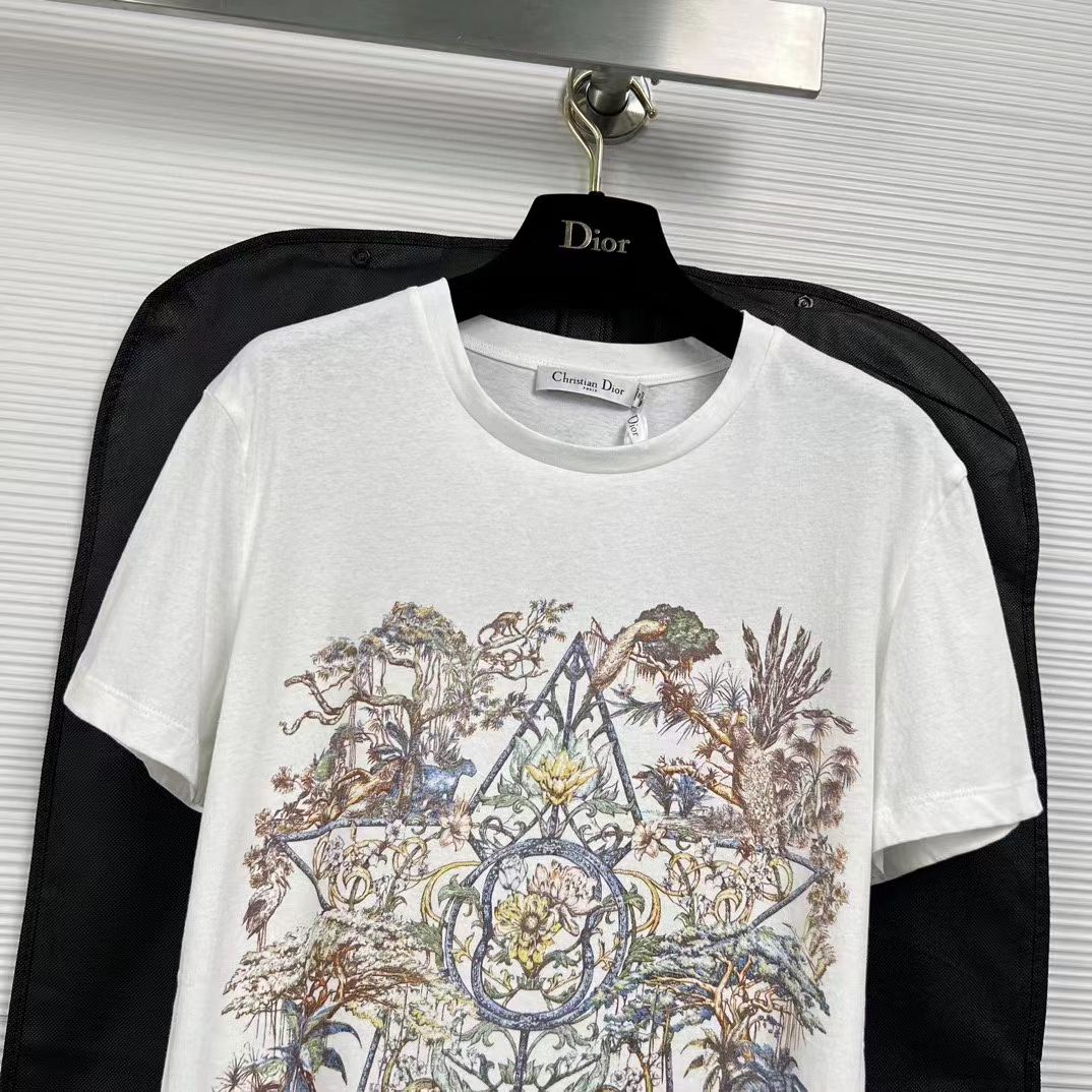 Dior Men CD T-Shirt White Cotton Linen Jersey Multicolor Étoile De Voyage Motif
