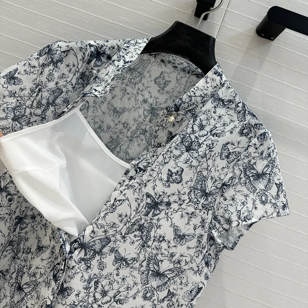 Dior Women Short Dress White Cotton Muslin with Blue Toile de Jouy Papillon Motif