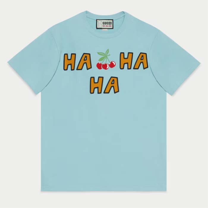 Gucci Women GG HA HA HA Cherry T-Shirt Light Blue Medium Cotton Jersey Crewneck
