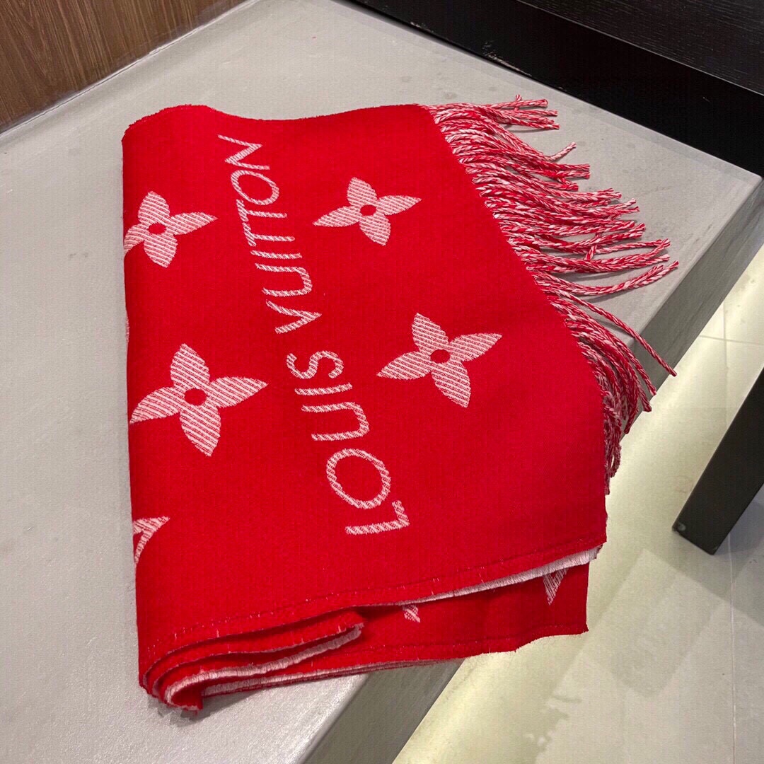 Louis Vuitton LV Unisex Essential Scarf Red Wool Jacquard Weave Monogram Pattern