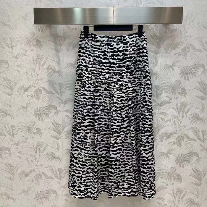 Louis Vuitton Women LV Ink Tiger Asymmetrical Pleat Midi Skirt Silk Black White Regular Fit