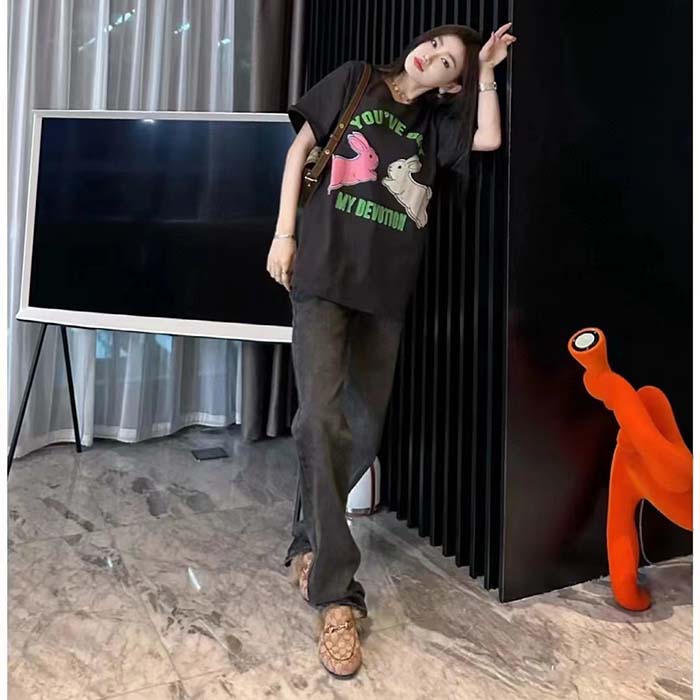 Gucci Women GG HA HA HA Bunny T-Shirt Black Medium Cotton Jersey Crewneck