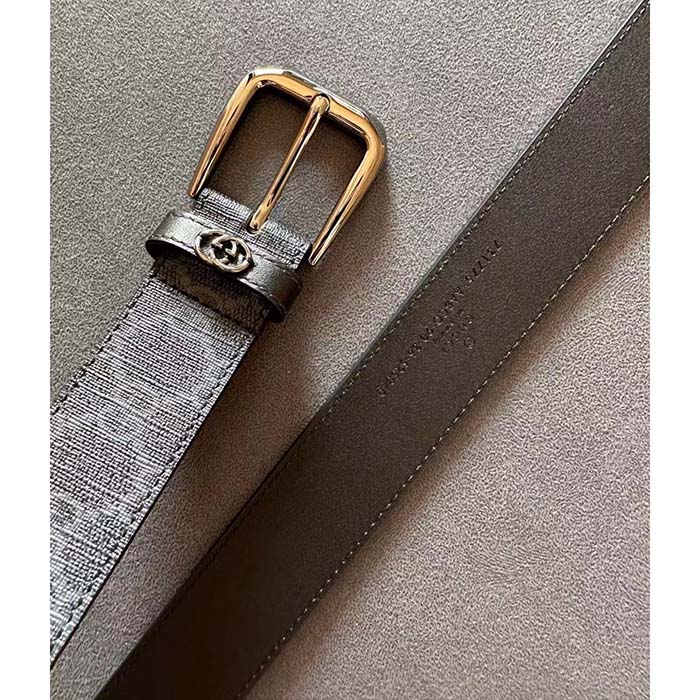 Gucci Unisex GG Belt Interlocking G Detail Grey Black GG Supreme Square Buckle