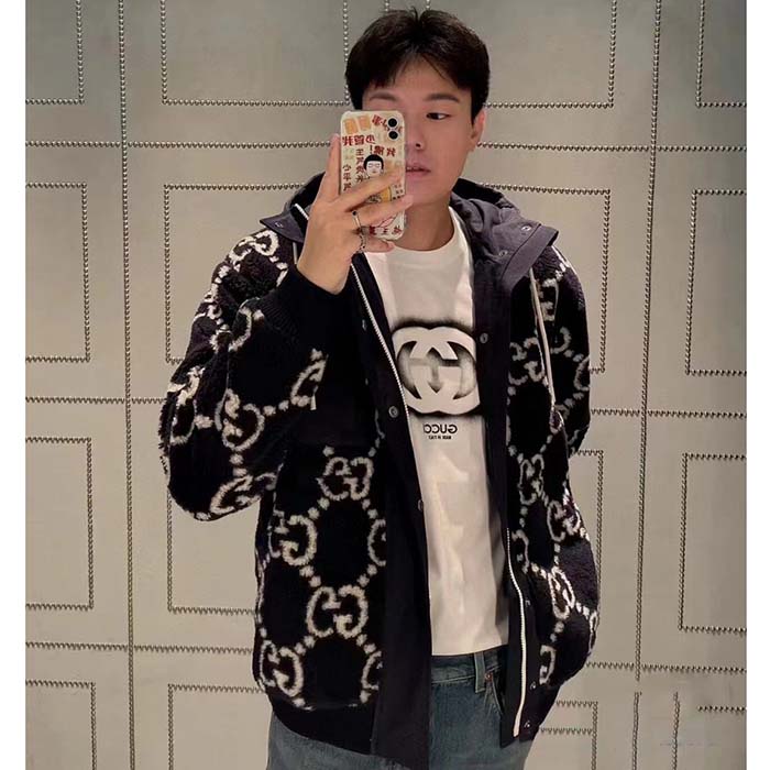 Gucci Men GG Fuzzy Fabric Jacquard Jacket Fixed Hood Drawstring Long Sleeves Front Patch Pocket