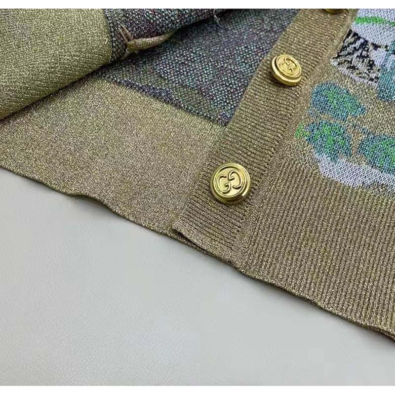 Gucci Women GG Tiger Jacquard Cardigan Gold Green Tiger Flower Extra Fine Lurex Crewneck