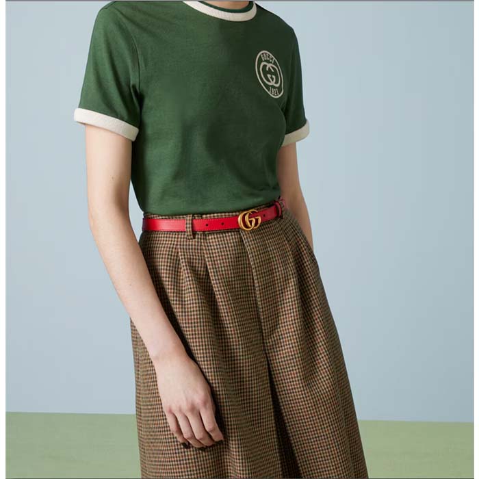 Gucci Unisex Marmont Reversible Thin Belt Red Leather Double G Buckle