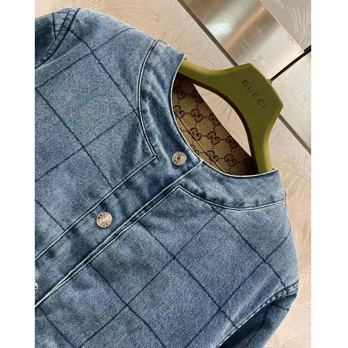 Gucci Women GG Reversible Denim Jacket Camel Ebony GG Canvas Reversible Collarless Dropped Shoulder