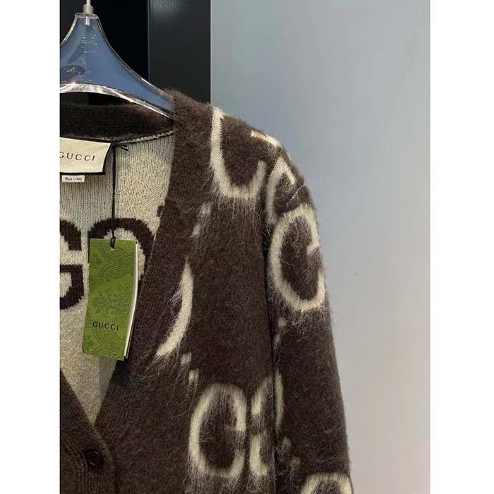 Gucci Women Reversible GG Mohair Wool Cardigan Brushed GG Jacquard Blend V-Neck Front Pockets