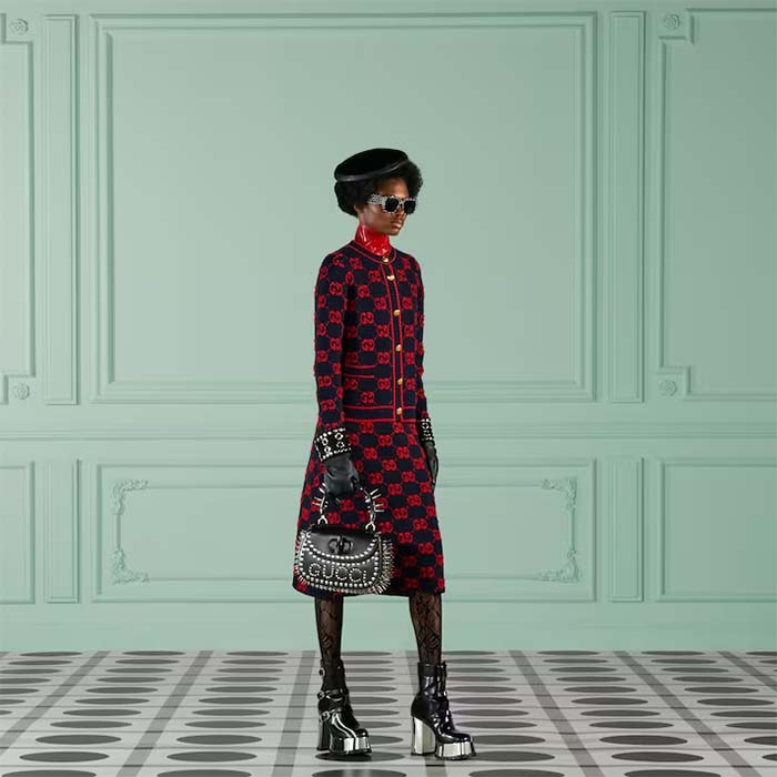 Gucci Women Wool Bouclé Jacquard Cardigan Blue Red GG Crewneck Long Sleeves