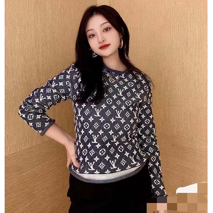 Louis Vuitton Women LV Monogram Jacquard Pullover Wool Cotton Grey Blue Regular Fit