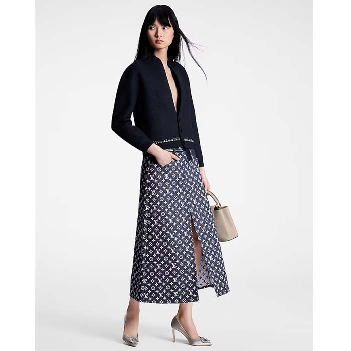 Louis Vuitton Women LV Monogram Denim Midi Skirt Cotton Navy