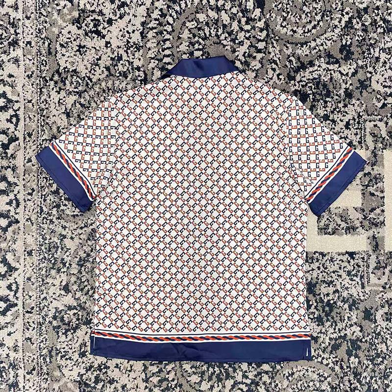 Gucci GG Men Geometric G Print Muslin Bowling Shirt Notch Collar Short Sleeves