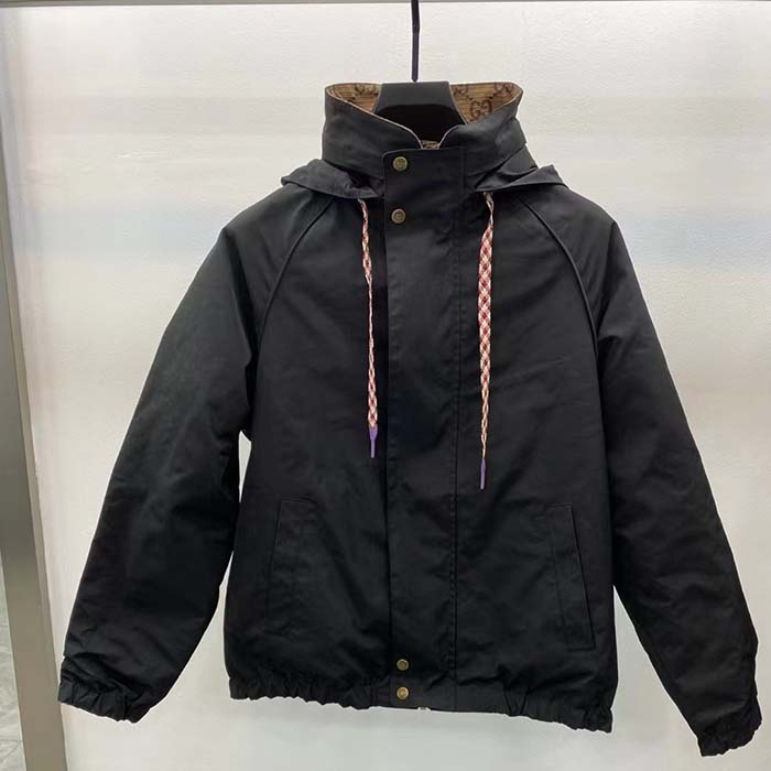 Gucci Women Reversible Poplin Jacket Black Polyester Piping Green Red Beige Ebony GG Canvas