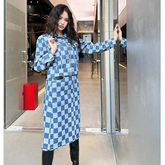 Louis Vuitton Women LV Damier Denim Skirt Cotton Blue Regular Fit 1AFGP2