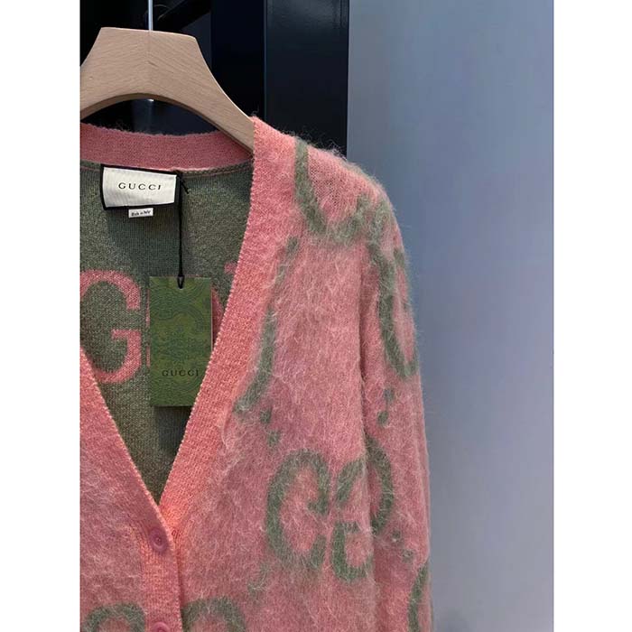 Gucci Men Reversible GG Mohair Cardigan Light Green Pink Brushed Jacquard Wool V-Neck