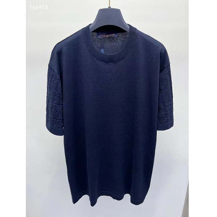 Louis Vuitton LV Women Short-Sleeved Cotton Crewneck Regular Fit Embossed Jacquard Monogram Navy Blue