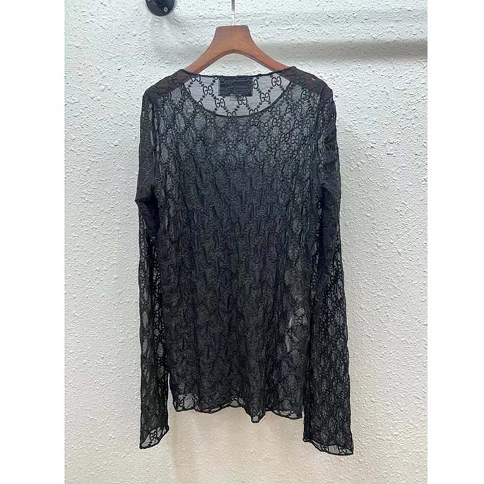 Gucci Women GG Embroidered Tulle T-Shirt Black Long Sleeve Fitted Cotton