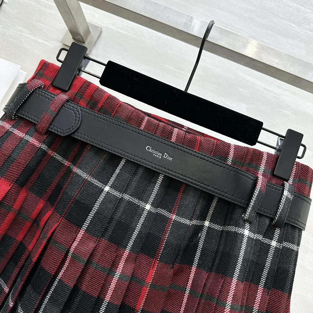 Dior Women Belted Short Kilt Red Gray and Black Check’n’Dior Virgin Wool